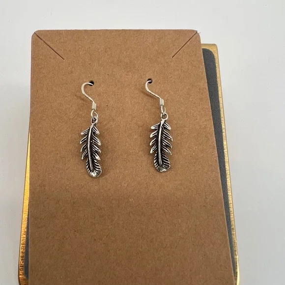 Feather Earrings Sterling Silver 925 Dangle Hook Bohemian Tribal Nature Delicate - Picture 2 of 4